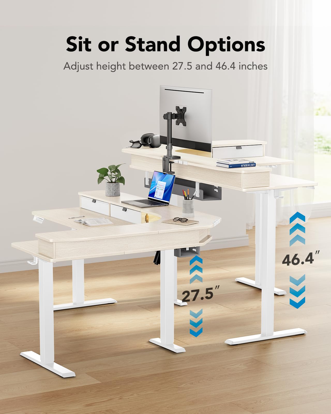 HUANUO 65″ L-Shaped Standing Desk with Power Outlets & LED Strip, Electric Height Adjustable Corner Computer Desk, Sit Stand Up Desk with 3 Drawers, Natural Wood