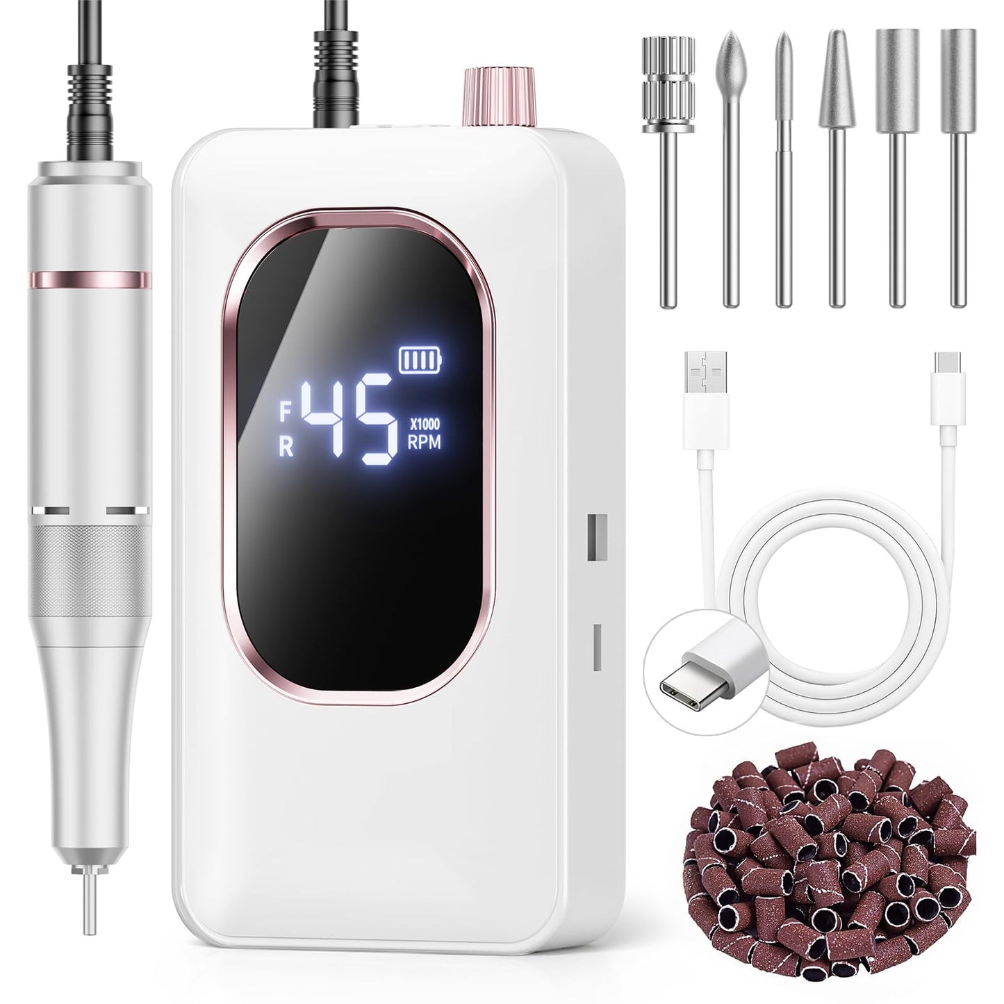 Professional Electric Nail Drill 45,000 RPM + 10pcs Nail Drill Bits & 50pcs Sanding Bands – Cordless Rechargeable Salon Kit for Acrylic, Gel Nails, Cuticle Removal, Shaping & Polishing