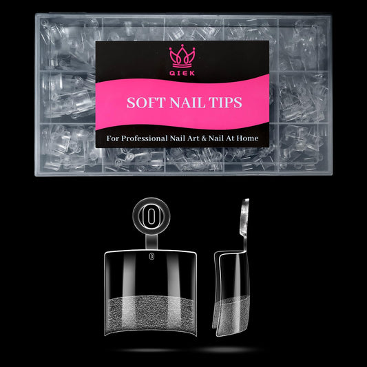 Qiek 510pcs Short Square Half Cover Nail Tips, No-File Pre-Buffed Clear Acrylic Press On Tips 15 Sizes with Half Sizes, 0.1mm Thin Back No C Curve for DIY Nail Extensions & Home Salon Beginners