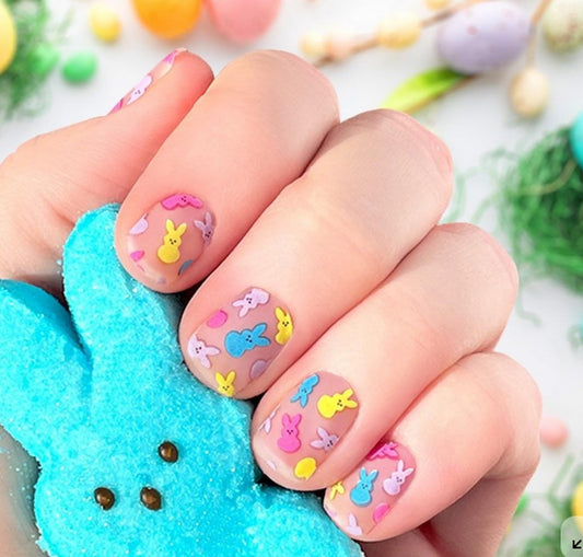 24pcs Easter Press on Nail Short Square Fake Nails Cute False Nails with Funny Bunny designs Colorful Stick on Nail Glossy Nude Pink Press ones Full Cover Reusable Glue on Nails for Women Girls
