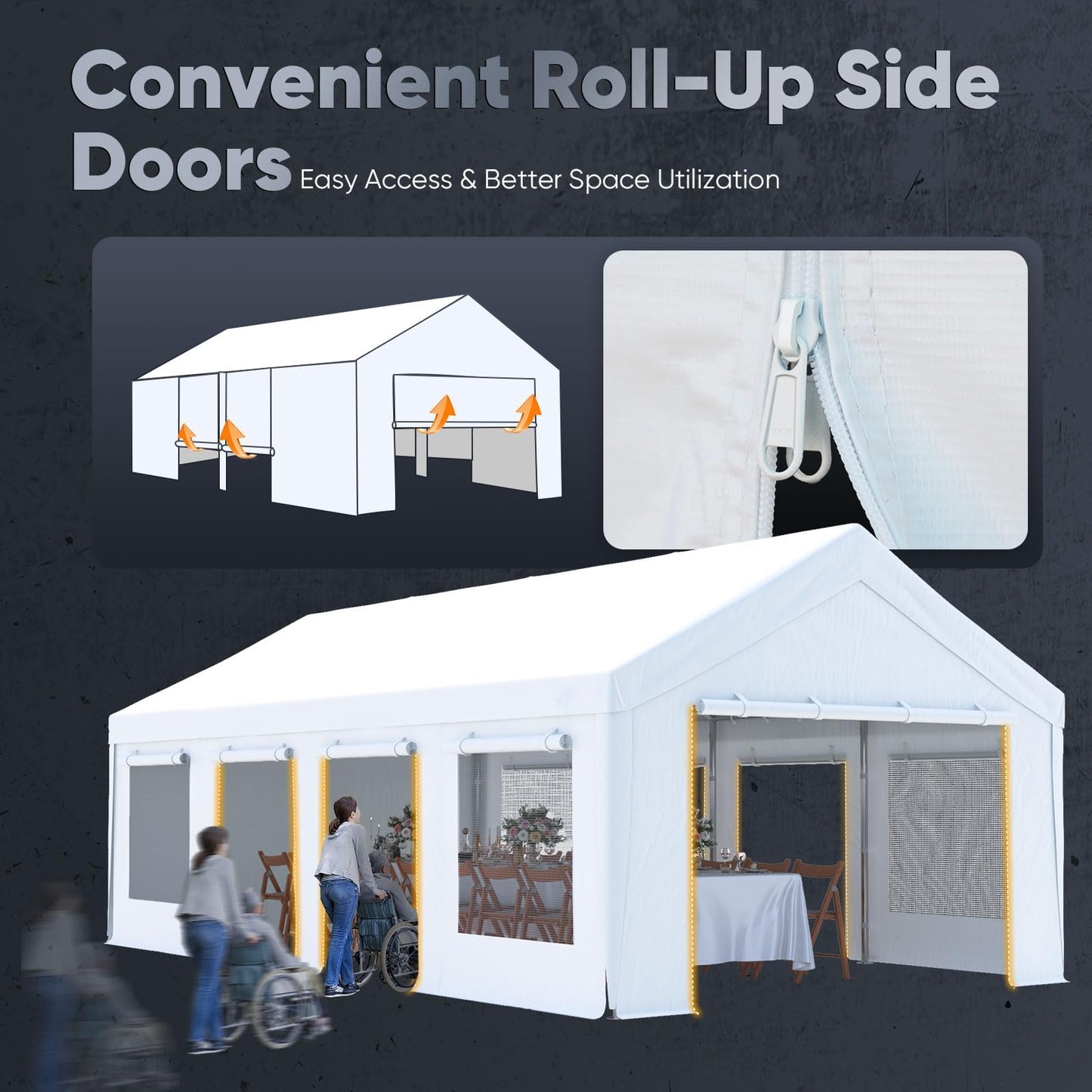 Quictent Heavy Duty 13x25 ft Carports with Side Zipper Doors & Snowproof Steel Cables & Ventilated Windows, Waterproof Storage Shelter for Car, Boat, RV, Outdoor Equipment, White