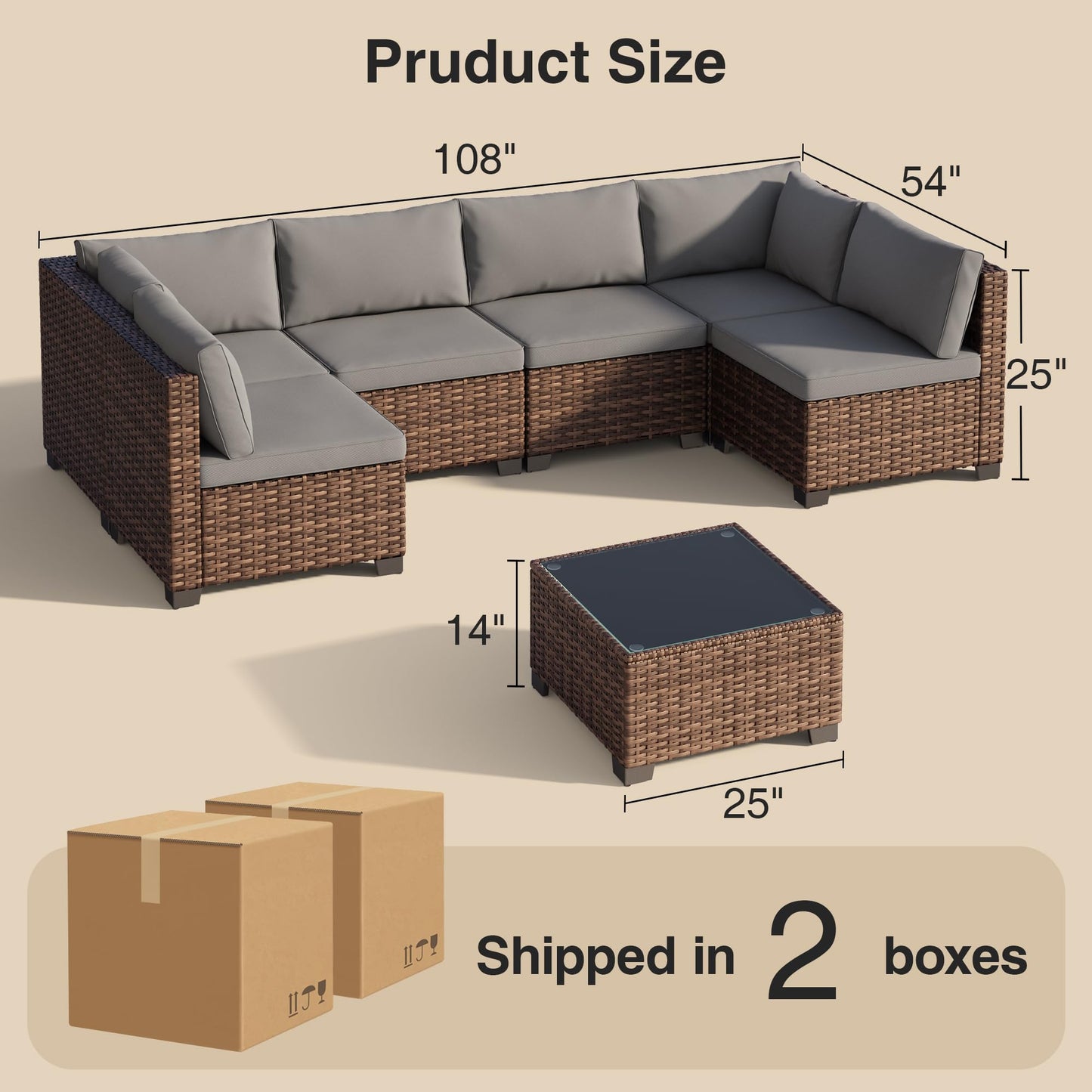 Qsun 7 Pieces Patio Furniture Set, Outdoor Sectional Rattan Sofa Set, Wicker Patio Conversation Set with Cushions and Glass Coffee Table, for Balcony, Porch, Garden, Grey