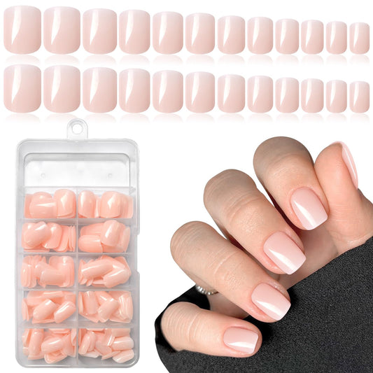 LuckForever Short Press on Nails 240pc Glossy Point Nude Press on Nails Short Square Round Fake Nails Full Cover False Nails with Nail Glue Adhesive Tabs Wooden Stick Nail Files for Women Girls Kids