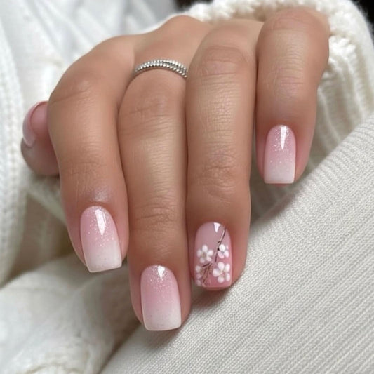 Pink ombre Press on Nails Short Square Glue on Nails with Flowers Glitter Gradient Designs White Fake Nail Full Cover False Nail Press ons Artificial Acrylic for Women 24Pcs