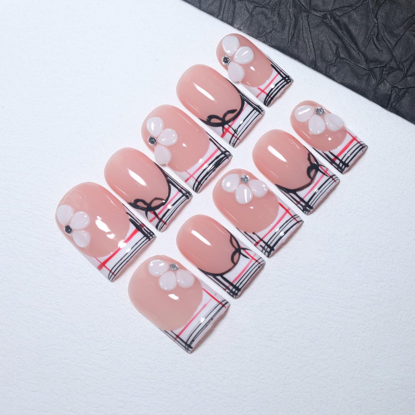 EasierGlow 10Pcs Handmade Short Square Press On Nails | Easy Apply & Remove, Reusable Salon Quality Nails | Nude Press Ons with Plaid French Tips, Hand-Drawn Bows & 3D Flower Accents (Y215, S)