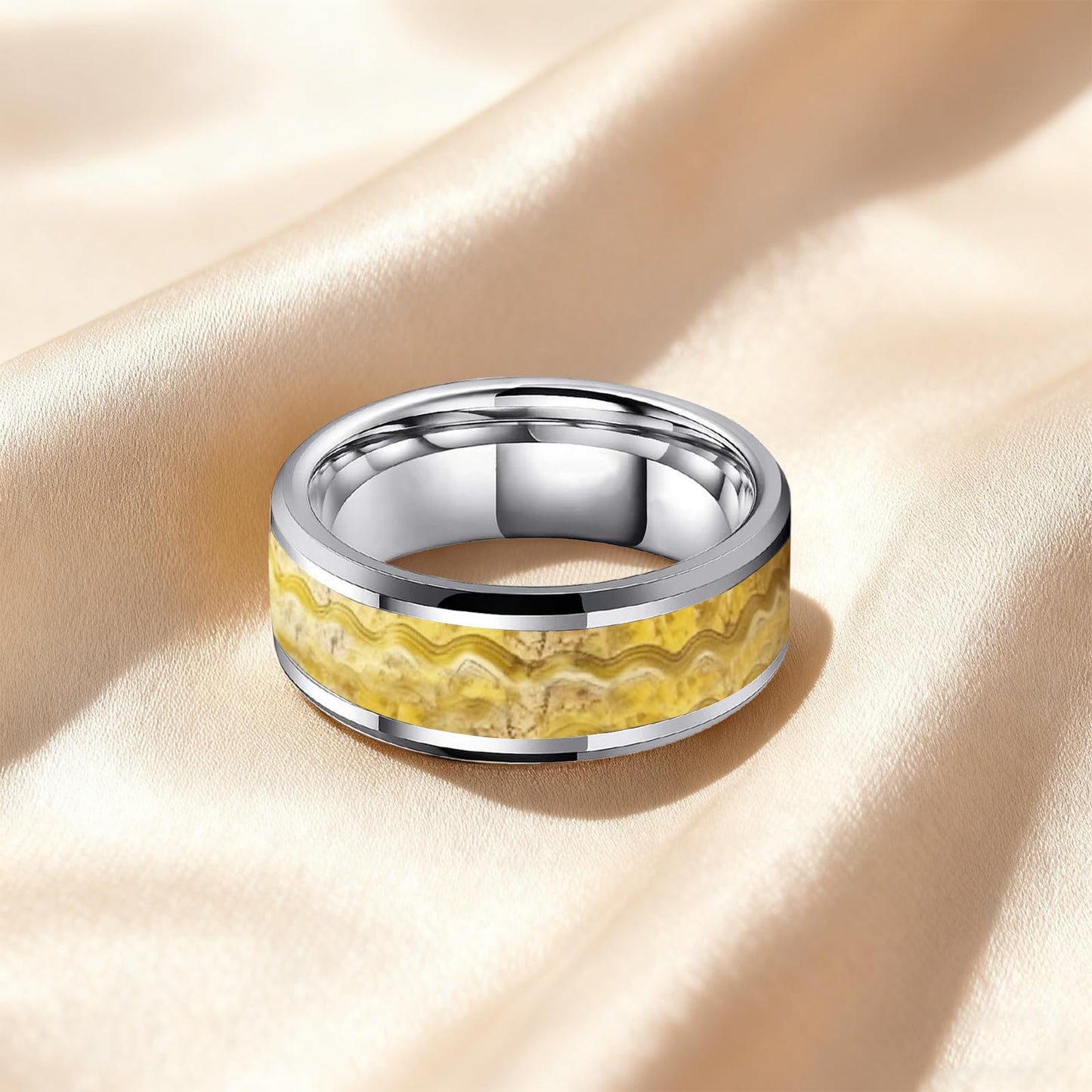 HJIMMNHONG New Carbon Fiber Fashion Rings Double Beveled Edge Delicate Polished Simple Stainless Steel Mens and Women Rings,8mm,Flowing-sand Gold, 8