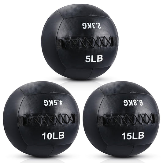 Lunmon 3 Pcs Soft Wall Medicine Ball for Exercise Fitness Slam Weighted Med Ball with Non Slip Grip for Slamming Workout Strength Conditioning Core Training Lunge and Partner Toss (5,10 and 15 Lbs)