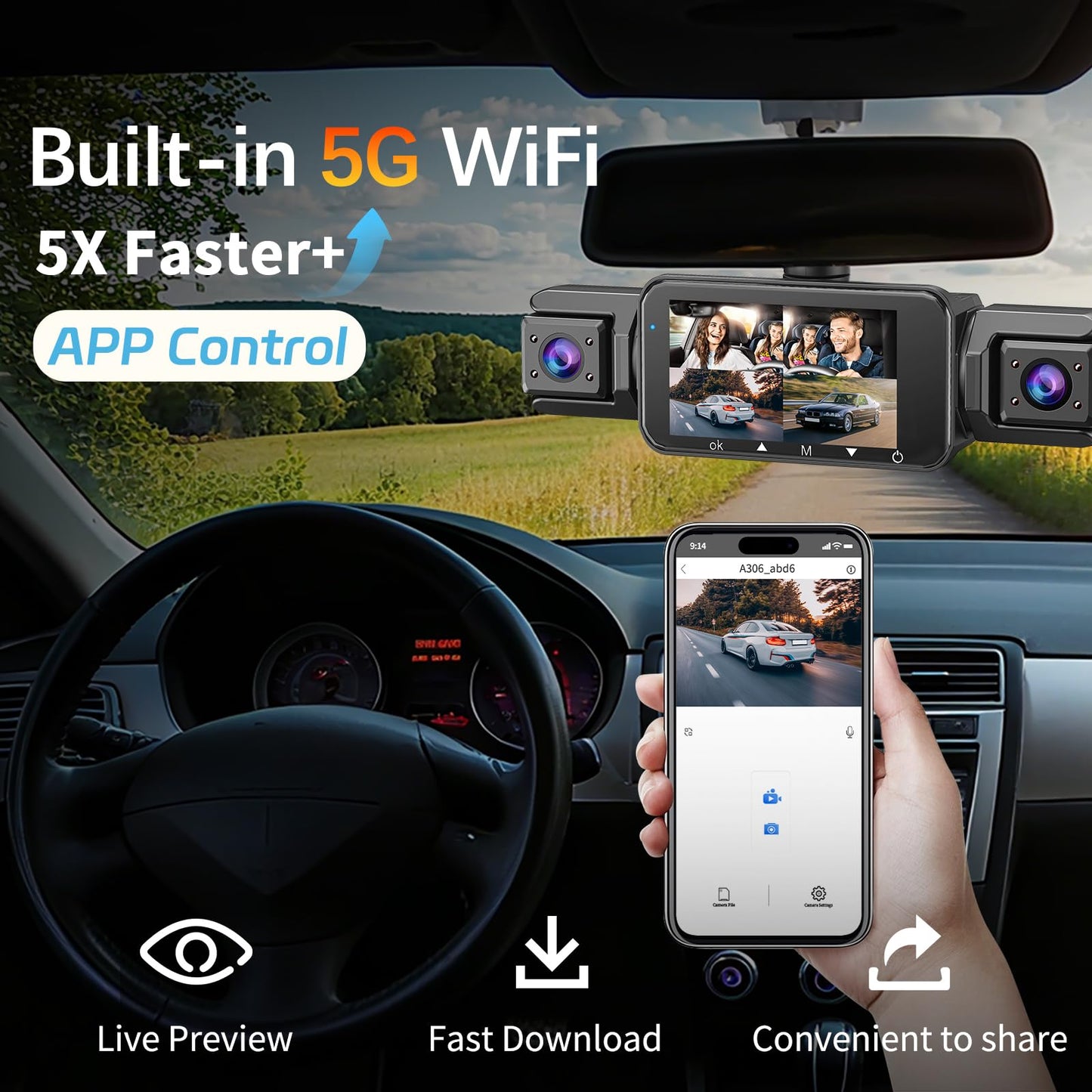 4 Channel Dash Cam Front and Rear Cabin, 360° Dash Camera ，Night Vision 8 IR Lamps Dash Camera for Cars, 5G WiFi for Download, G-Sensor, 24H/7 Parking Mode with 64GB Card,Support 256 GB Max