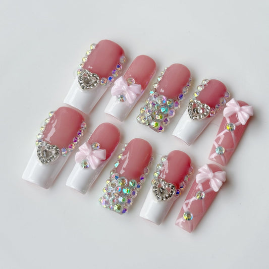 Haozerart Luxury Fake Nails Long quare Shape White French Tip, Handmade Press On Nails with Bows & Heart Rhinestones Design, Salon Quality Reusable Nail Kit for Women, 10Pcs Size M