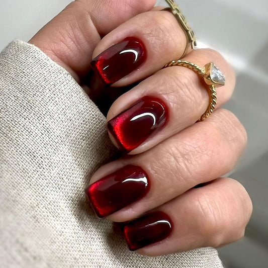 Wine Red Press on Nails Short Square Fake Nails Ombre Glitter False Nails Glossy Full Cover Acrylic Glue on Nail Red Nail Press ons for Women Girls Manicure 24Pcs