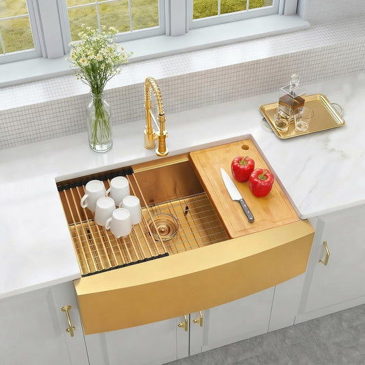 MONSINTA Gold Farmhouse Kitchen Sink, 16 Gauge SUS304 Stainless Steel Farm Sinks, All In One Workstation Sink with Ledge & Accessories, 33" x 20" x 10" Large and Deep Gold Undermount Kitchen Sink
