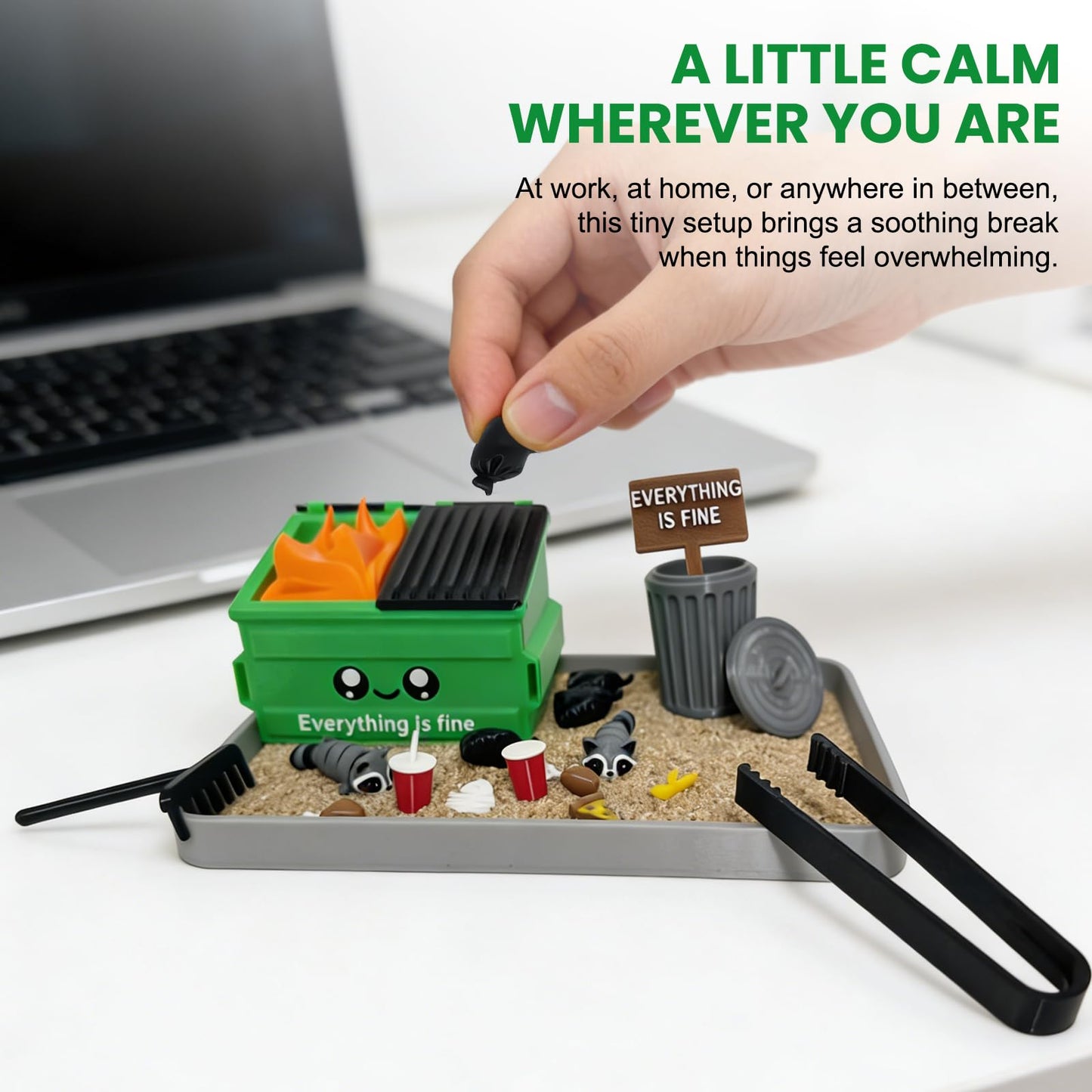 Dumpster Fire Zen Garden for Desk (Grey) - “Everything is Fine” Stress Relief Mini Garbage Sandbox Kit, Office Desktop Funny Decor Dark Humor Gag Gifts for Coworkers Friends