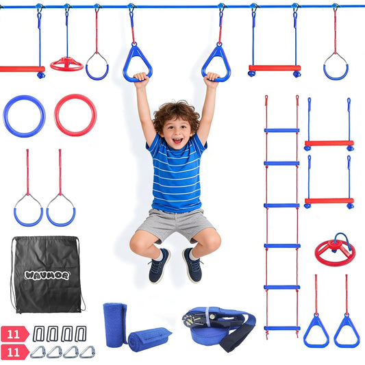 Wavmor Ninja Warrior Obstacle Course for Kids Backyard-1×50ft Slackline Kit with 10 Most Complete Accessories for Boys & Girls, Rope Ladder, Gymnastic Ring, Arm Trainer and Monkey Fist