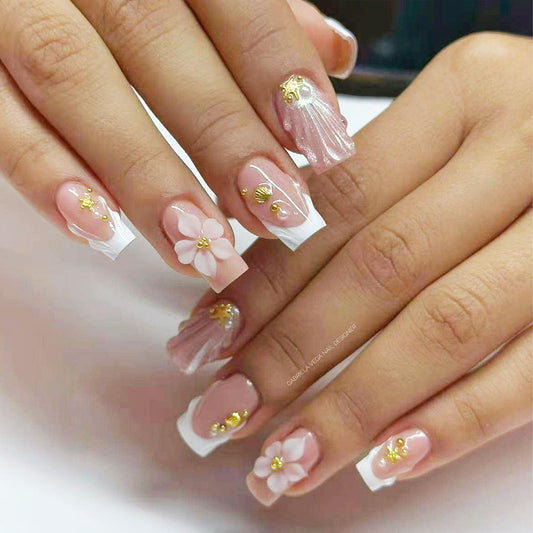 French Tip Press on Nails Medium Square Fake Nails with White Flower Pearl Gold Stars Designs Glossy Nails Press ons Summer Glue on Nails Cute Acrylic Nails Artificial Stick on Nails for Women