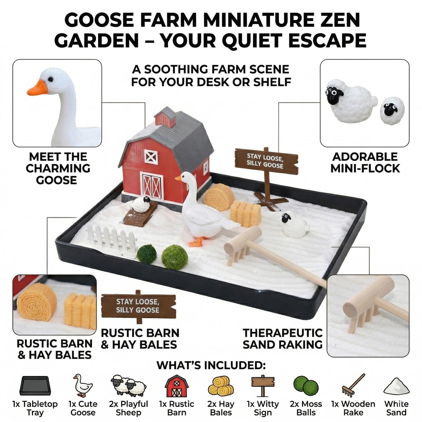 CMLDGIA Goose Mini Zen Garden Kit Decorative Sand Tray Decor with Desk Goose, Barn & Interchangeable Signs Stress Relief Office Sandbox Accessories
