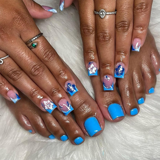 48Pcs Blue French Press on Nails Short & Press on Toenails Set - WLGDLH Fake Nails Press ons Nail Art Tips Cute Glue on Nails Full Cover Blue Fake Toe Nail White Flower Design Acrylic Nail Kit