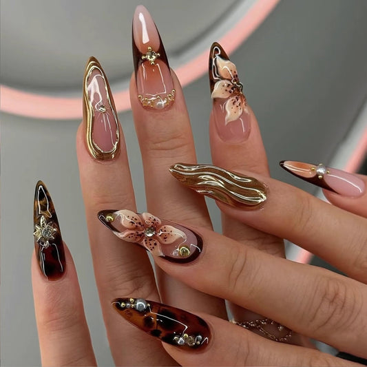 MERVF Long Stiletto Press on Nails Brown French Tip Fake Nails Almond Glue ons 3D Charms Flower, Leopard Design Acrylic Gold Manicure Glossy 24pcs