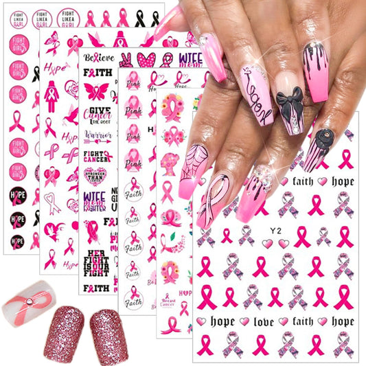 6Sheets Breast Cancer Awareness Nail Stickers - Self-Adhesive Pink Ribbon Decals for Women - DIY Nail Art Design Supplies with 'Love Heart' & 'Letter' Themes