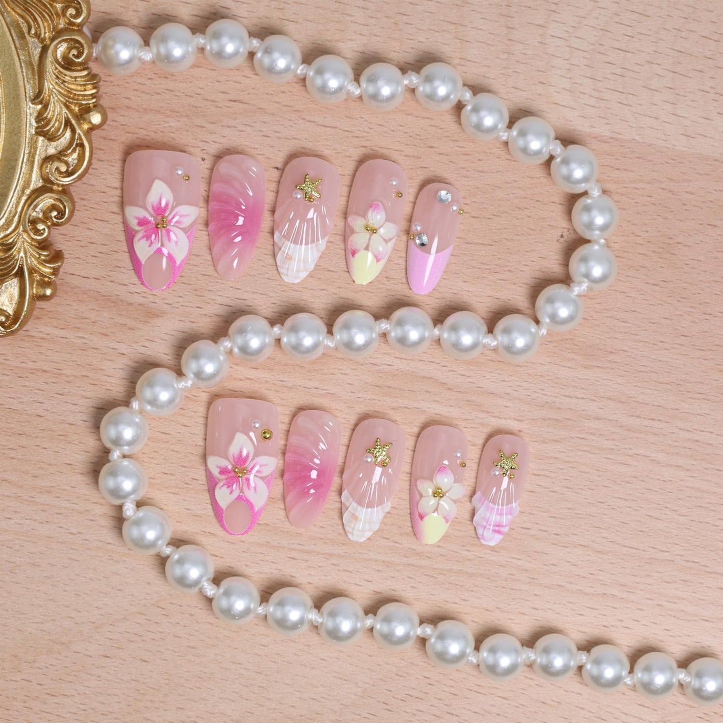Cute Flower Press on Nails Medium Almond French Tip Fake Nails 3D Pink Gradient Flowers False Nails with Rhinestone Gold Beads Charms Design Acrylic Nails Golden Starfish Glue on Nail for Women 30Pcs