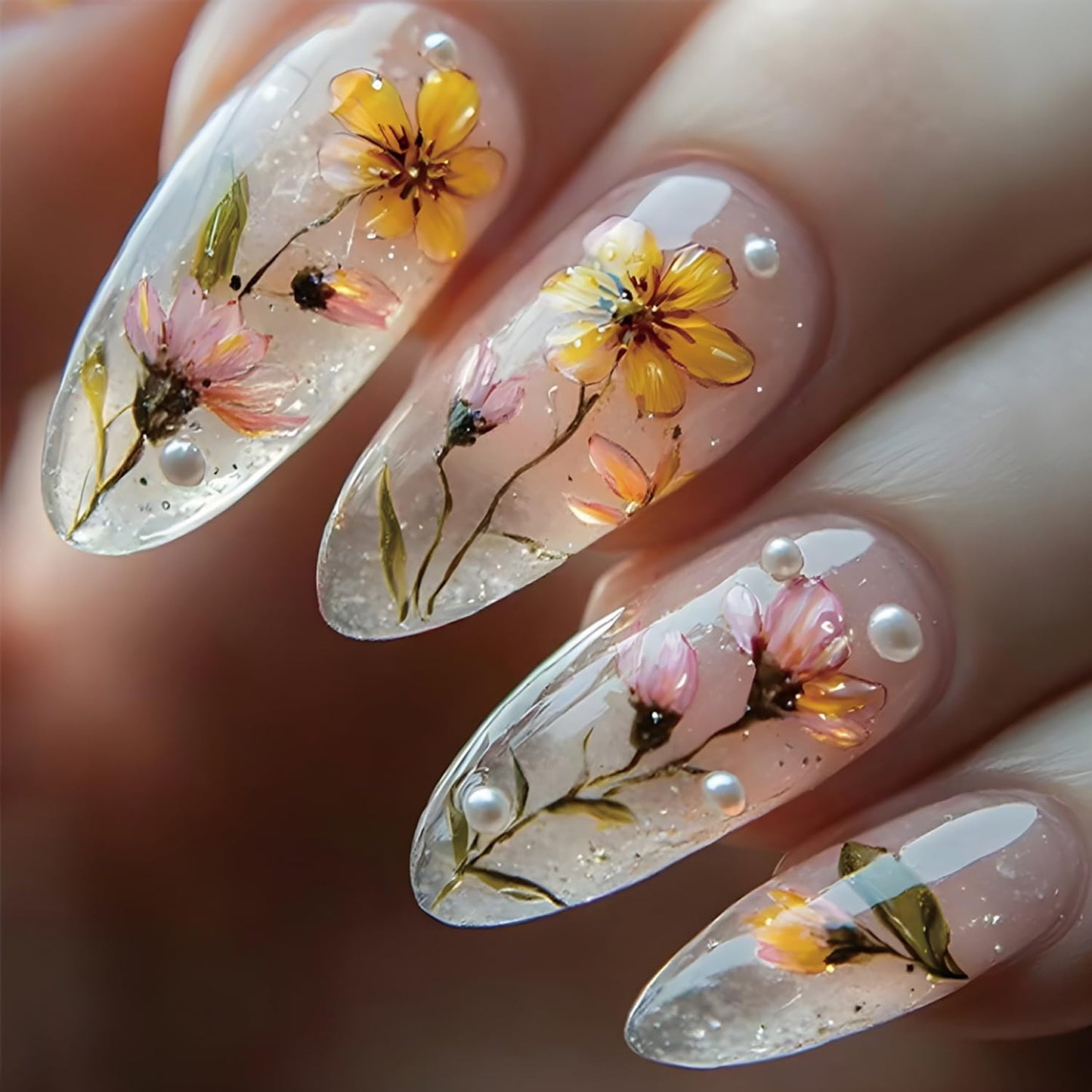 TBRZTR 24Pcs Flower Press on Nails Medium Length Floral Glitter Powder Design Almond Tip False Nails Pearl Stick on Nail Full Cover Artificial Fingernails Glossy Reusable Glue on Nails for Women