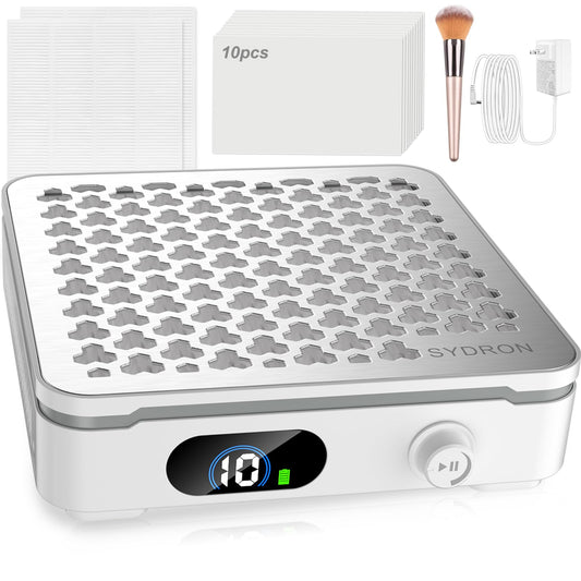 Nail Dust Collector | 1000PA Cordless Nail Dust Collector Nail Tech | 10 Speed Levels | Low Noise & Strong Suction | Reusable Filter, 10 Pads + Nail Dust Brush | for Acrylic Nails, Salon & Home-White