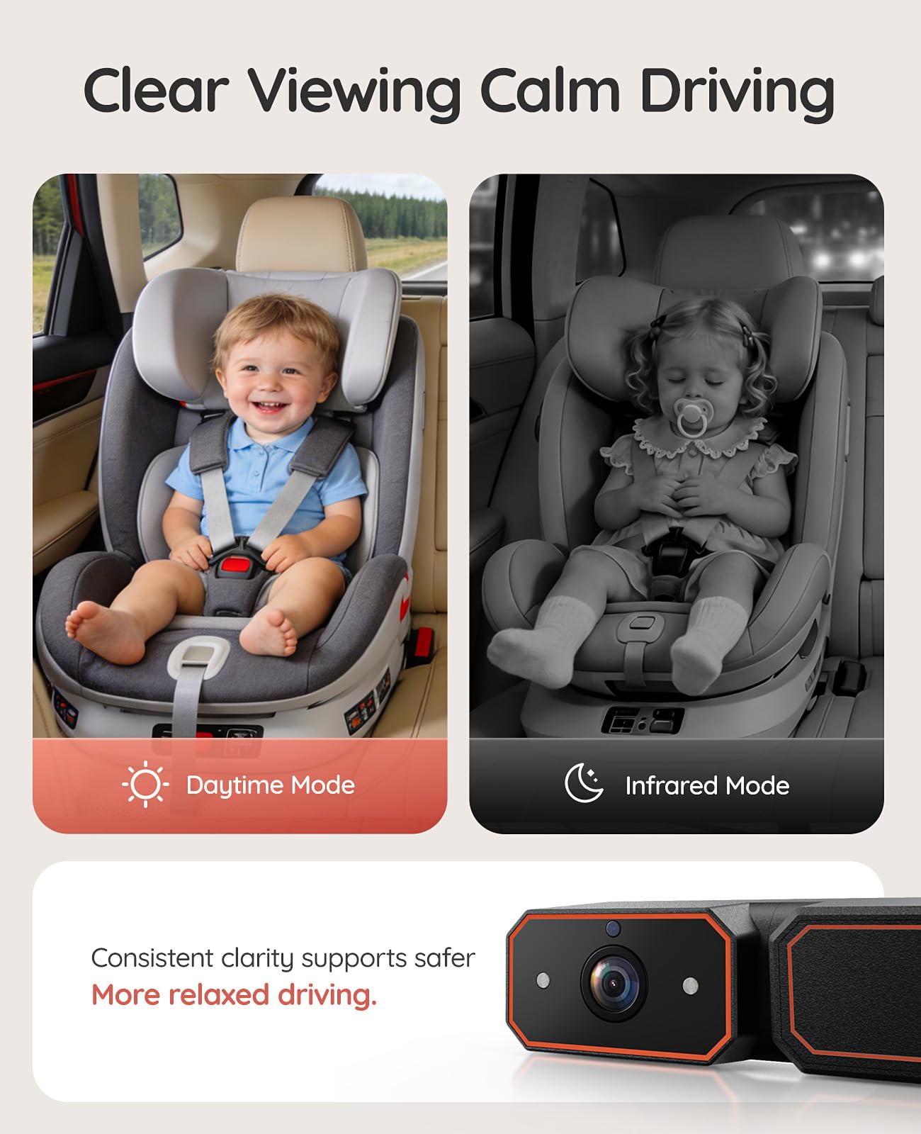Babyvue Wireless Baby Car Camera, Easy 2-Step Setup, 5.2" Display, 1080P HD IR Night Vision, Clip-On or Strap Mount, 3X Zoom, Back Seat Camera for Baby