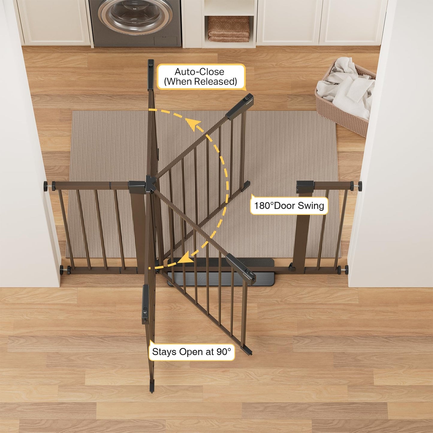 Cumbor 29.7-48" Baby Gate for Stairs, Mom's Choice Awards Winner-Dog Gate for Doorways, Auto Close Safety Pet Gate for Dogs Indoor, Easy Install Pressure Mounted Child Gate with Walk Thru Door, Brown
