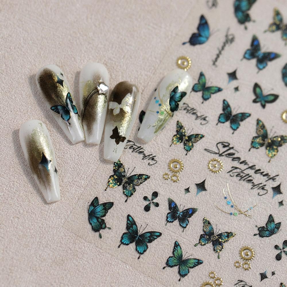 Green Butterfly Nail Stickers 5D Embossed Flower Nail Art Stickers Starlight Nail Decals 3D Self-Adhesive Spring Nail Supplies Summer Nails Decoration Accessories for Women Girls Manicure 1 Sheet