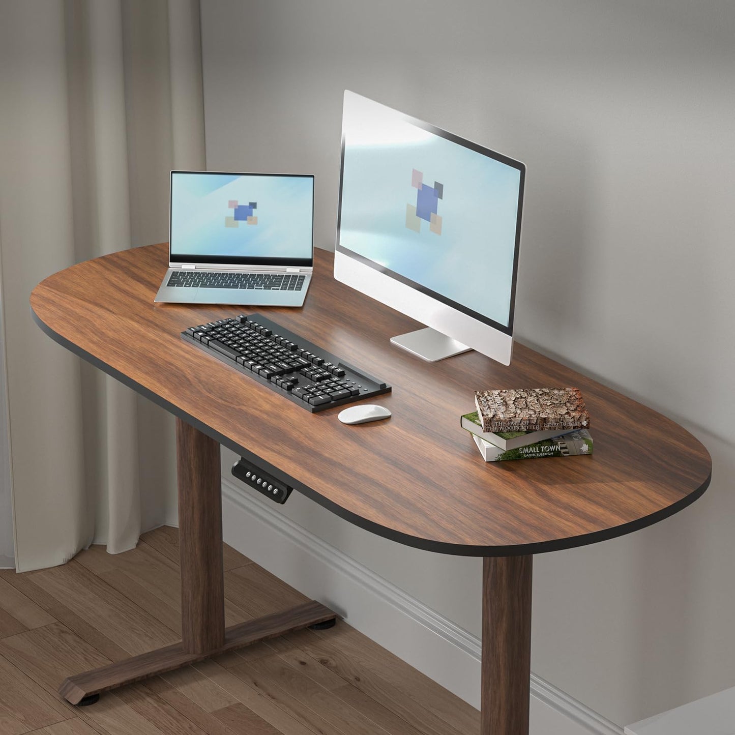 ERGO COLLECT Dual Motor Standing Desk Frame with Oval Legs, Electric Adjustable Sit Stand Desk Base for up to 70.8"x31.5" Table Tops, Sturdy Computer Desk Frame for Home Office Workstation (Walnut)
