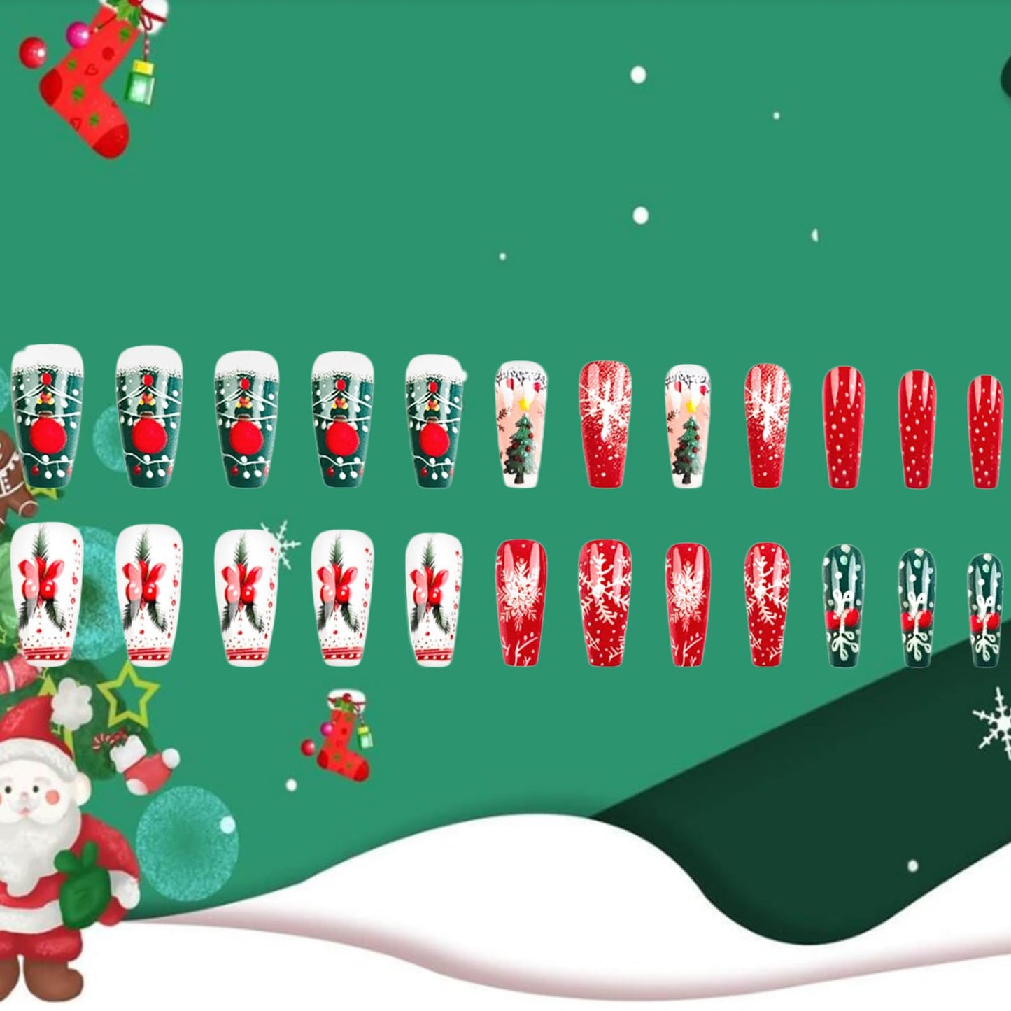 Christmas Press on Nails Christmas Tree Gel Glue on Nail 24Pcs Xmas Bell Medium Coffin False Nails Glossy White Snowflake Acrylic Fake Nail Holly Stick on Fingernails for Women Xmas Gift