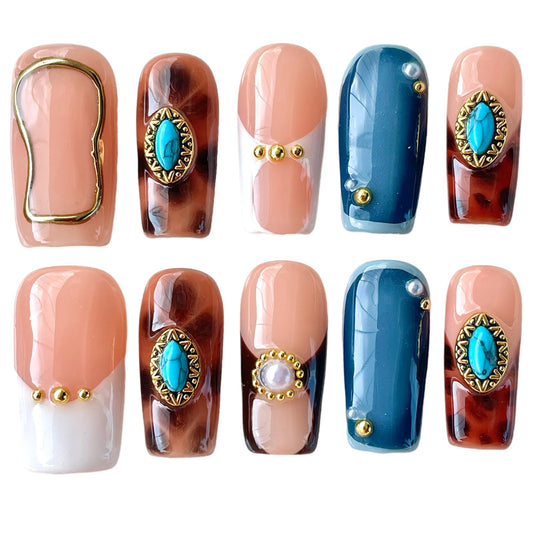 Handmade Press on Nails - Turquoise & White French Tip Short/Medium Square Shape, Amber Print Acrylic Reusable False Nails with Pearl Accents (Turquoise, M)