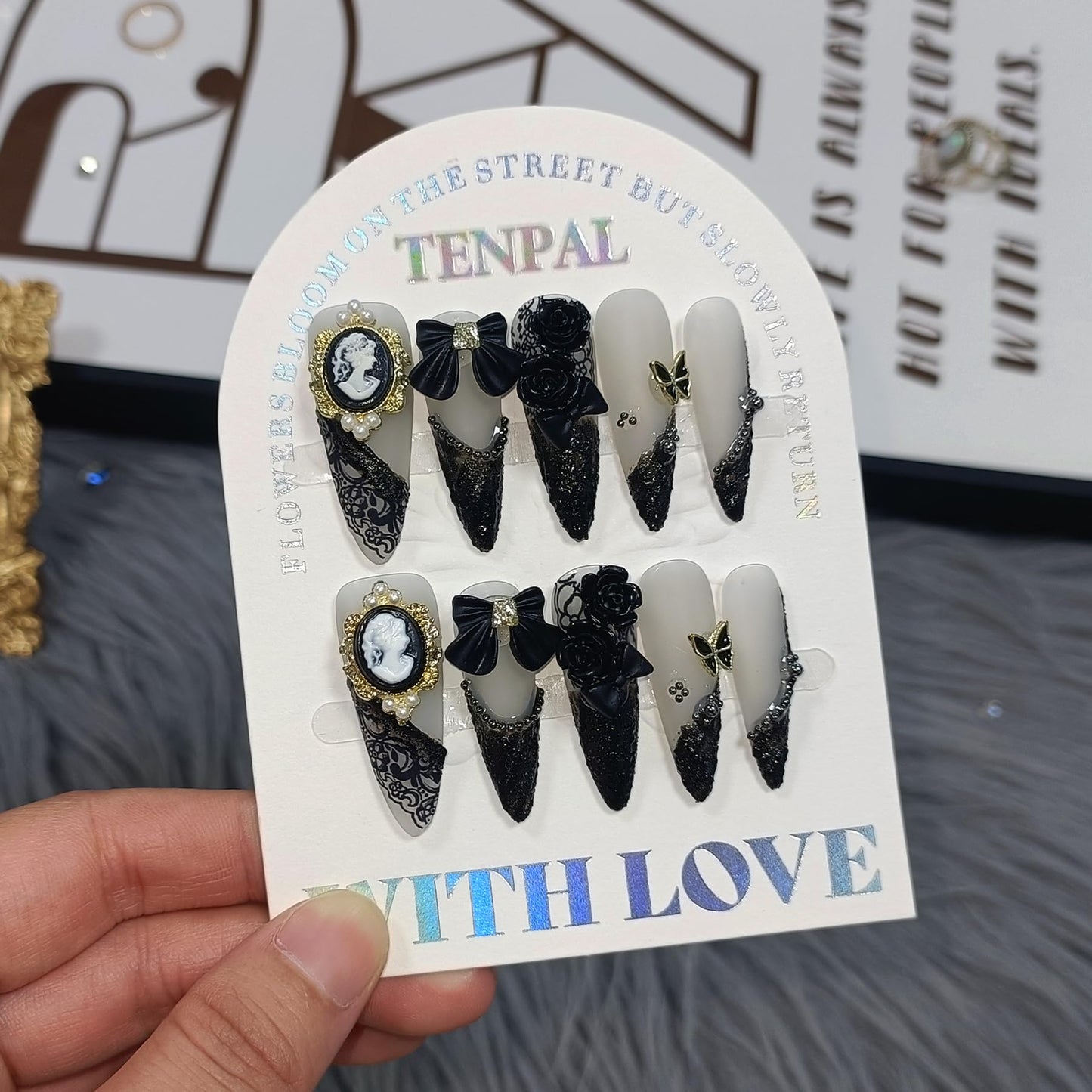 TENPAL 10Pcs Gothic Press On Nails Long Stiletto,Baroque Cameo & Floral Lace French Tip Glue on Nails with 3D Charms,Victorian Gothic Nails w/Tools,Glossy Dark Romantic Fake Nails for Party Event(XS)
