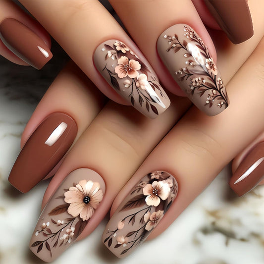 Fall Press on Nails Medium Coffin Fake Nails with Flower Leaves Designs Glossy Nails Press ons Brown Full Cover Glue on Nails Autumn Acrylic Artificial Stick on Nails for Women 24Pcs