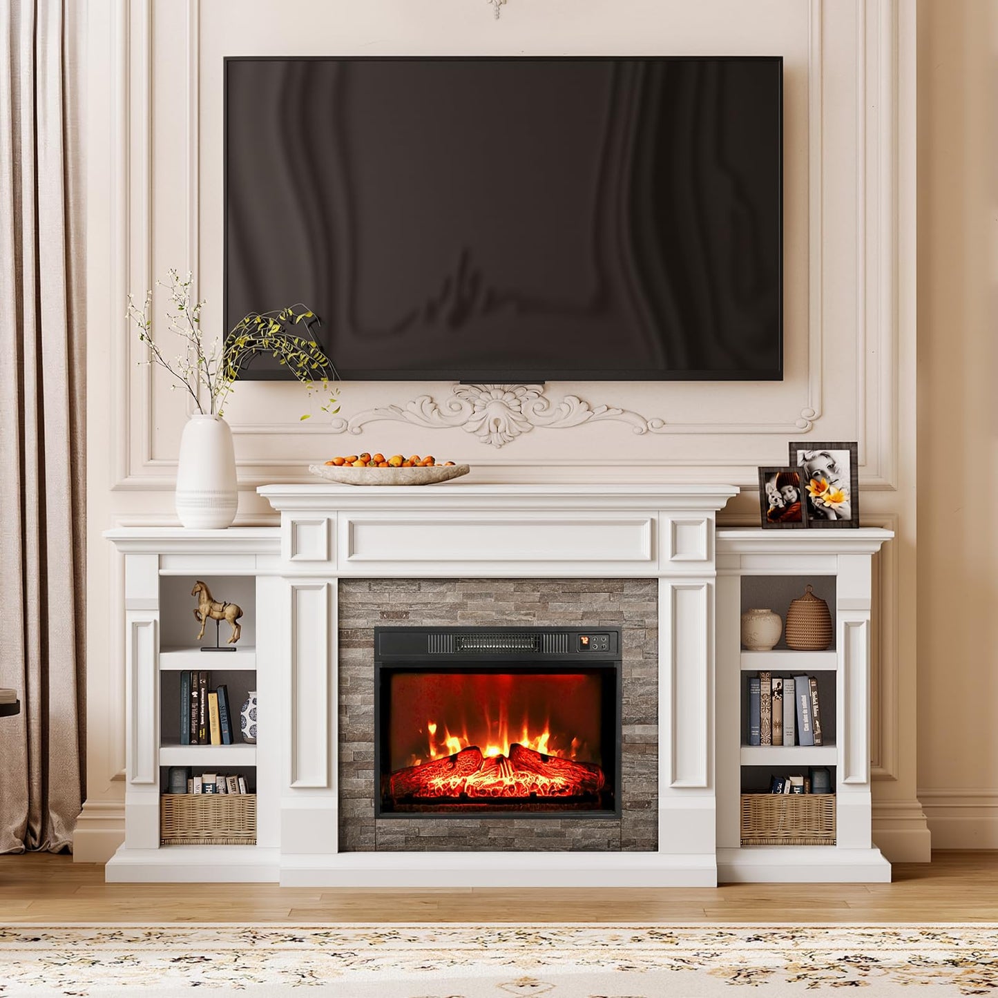 72" Electric Fireplace with Mantel, Fireplace TV Stand for TVs Up to 80 Inch, Modern Entertainment Center with Storage, Realistic Stacked Stone Surround with Remote Control for Living Room, Bedroom