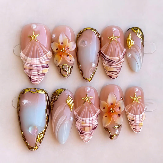 30Pcs Almond Press on Nails Medium Summer Fake Nails with 3D Gold Lines Starfish Shell Rhinestones Design Handmade False Nails Tropical Flower Glue on Nails Cute French Tip Acrylic Nails for Women