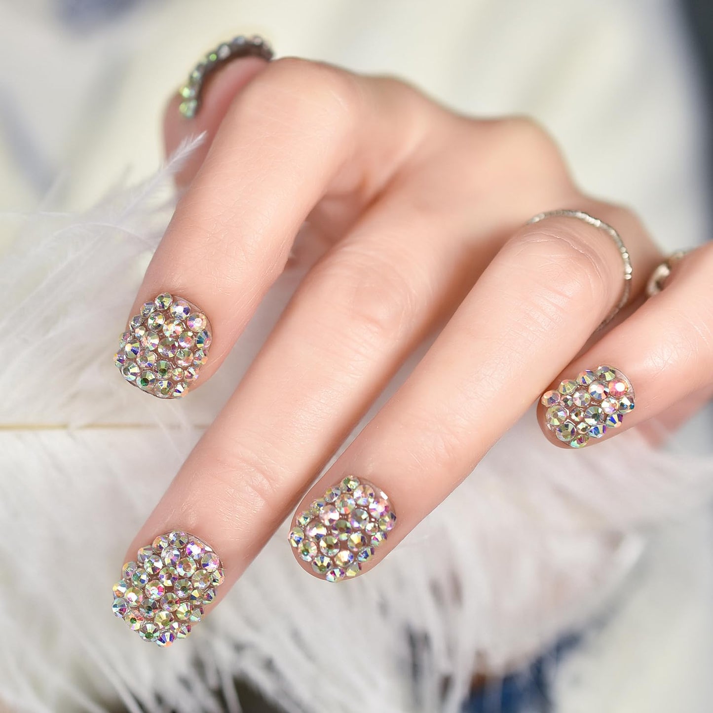 Elevenail 24pcs Handmade 3D Rhinestones Press On Nails Square Short Nails Women Girls Gifts Salon Manicure Shiny Crystal Nail Art Tips Fake Nails Reusable Acrylic False Nails