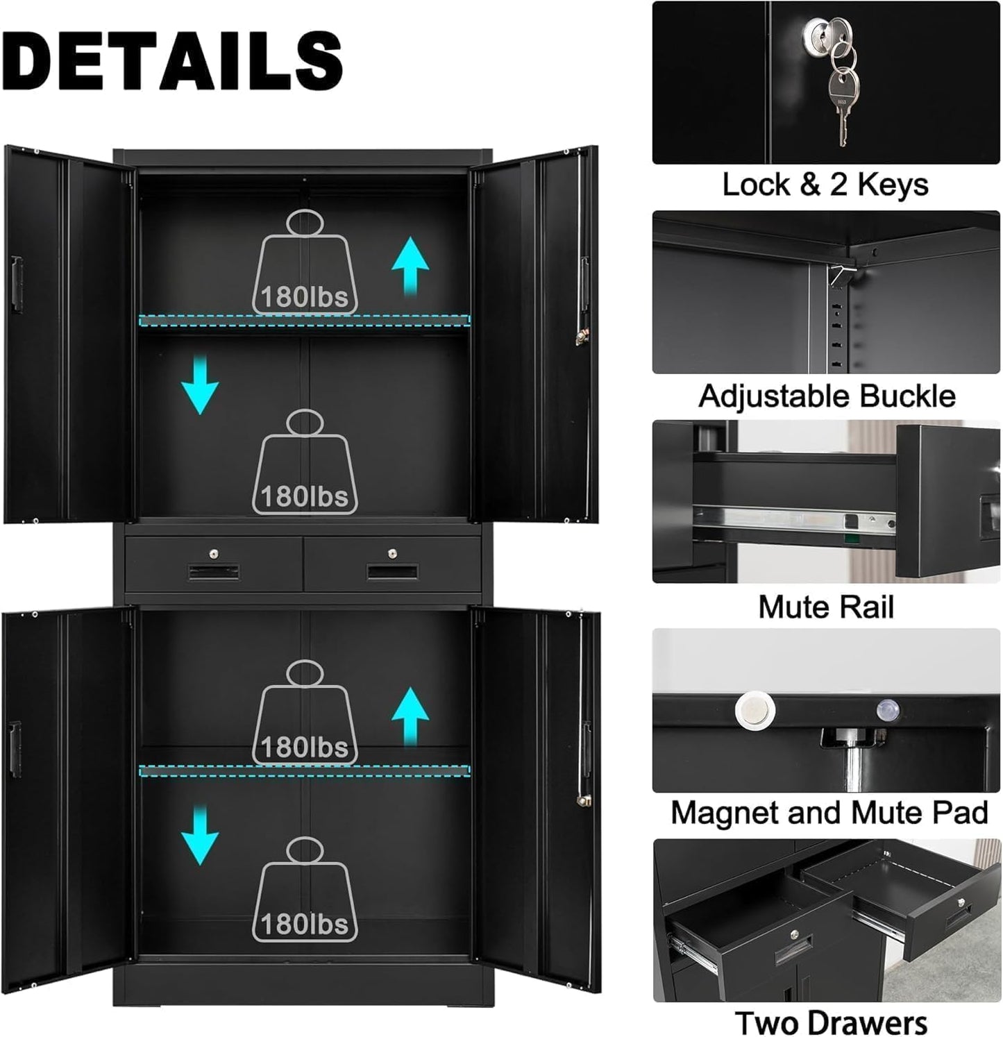GarveeHome 73'' Metal Storage Cabinet, Heavy Duty Garage Storage with Wheels, Locking Doors and 2 Drawers, Adjustable Shelves, Black
