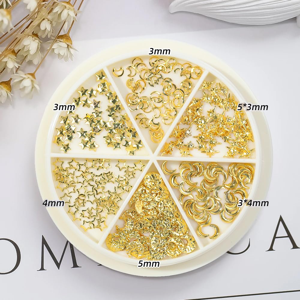 SILPECWEE 4 Boxes Nail Art Rivets Star Moon Beads Nail Art Studs Gold Silver Nail Art Charms Metal Caviar Bead for Nails Jewelry 3D Nail Charms for Crafts Supplies Nail Decorations