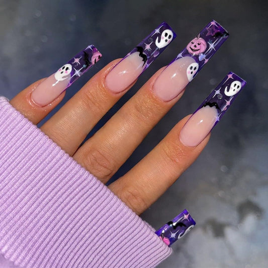 Halloween Press on Nails Long Coffin Fake Nails Cute Pumpkin Ghost Blue Glue on Nails French Tip False Nail with Designs Stars Bat Glossy Stick on Nail for Women Manicure 24 Pcs