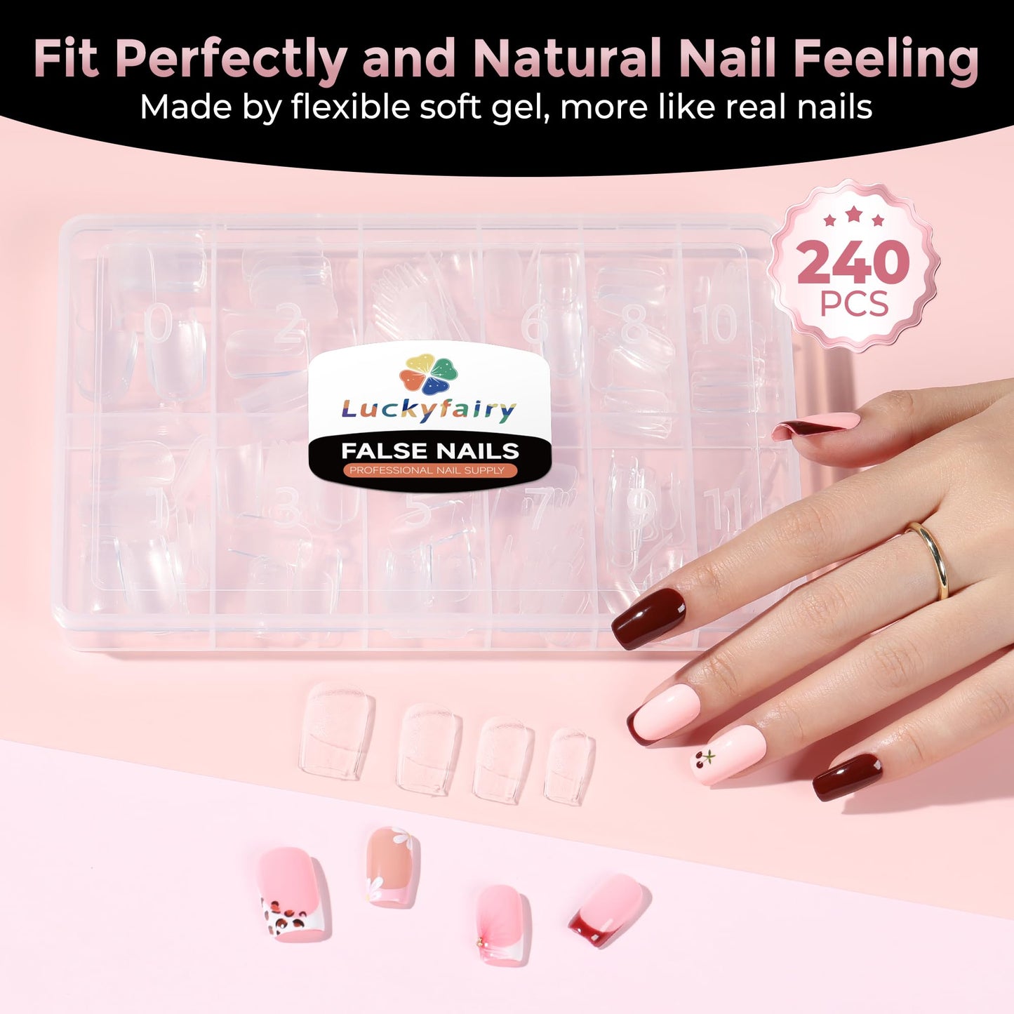 Luckyfairy Short Square Nail Tips: 240PCS Soft Gel Pre-filed Short Square Fake Tips, 12 Sizes Full Cover Acrylic False Press On Nails for DIY Nail Art Home Salon
