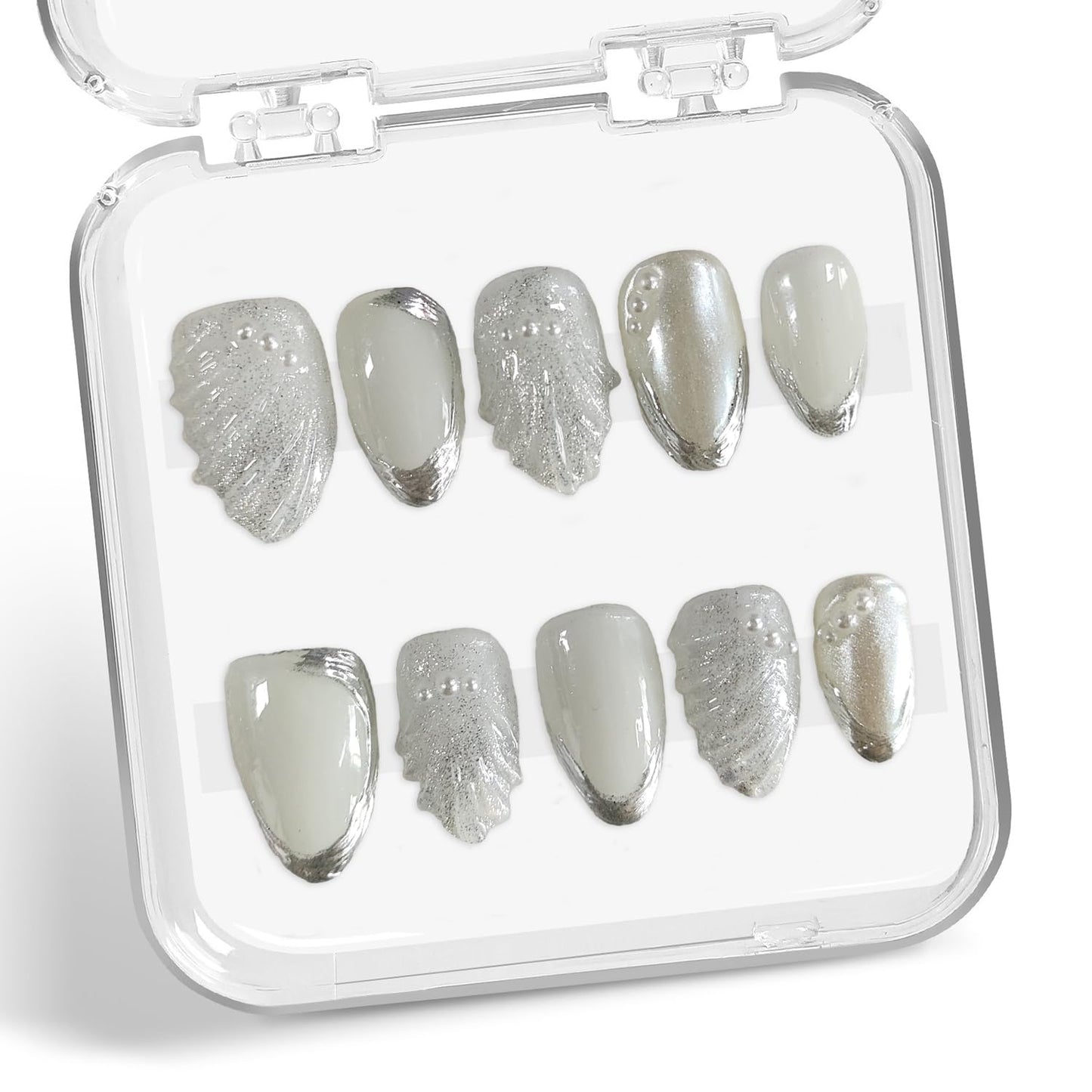 Handmade on Nails Silver French Tip Fake Nail Fish Tail Pearl Embossed Designs Short Almond Acrylic Luxury Muti-Layer Gel False Nail Full Cover Stick on Nail for Women Nails Art (Size M)