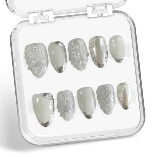 Handmade on Nails Silver French Tip Fake Nail Fish Tail Pearl Embossed Designs Short Almond Acrylic Luxury Muti-Layer Gel False Nail Full Cover Stick on Nail for Women Nails Art (Size M)
