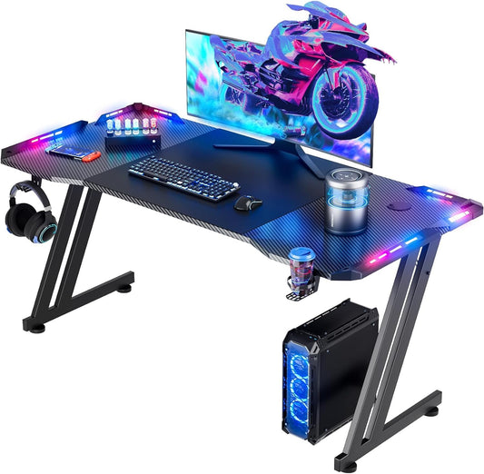 HLDIRECT 55 Inch Gaming Desk with LED Lights Carbon Fibre Surface Gaming Table Large Computer Desk Ergonomic Home Office Desks Z Shaped PC Gamer Workstations with Cup Holder & Headphone Hook Black