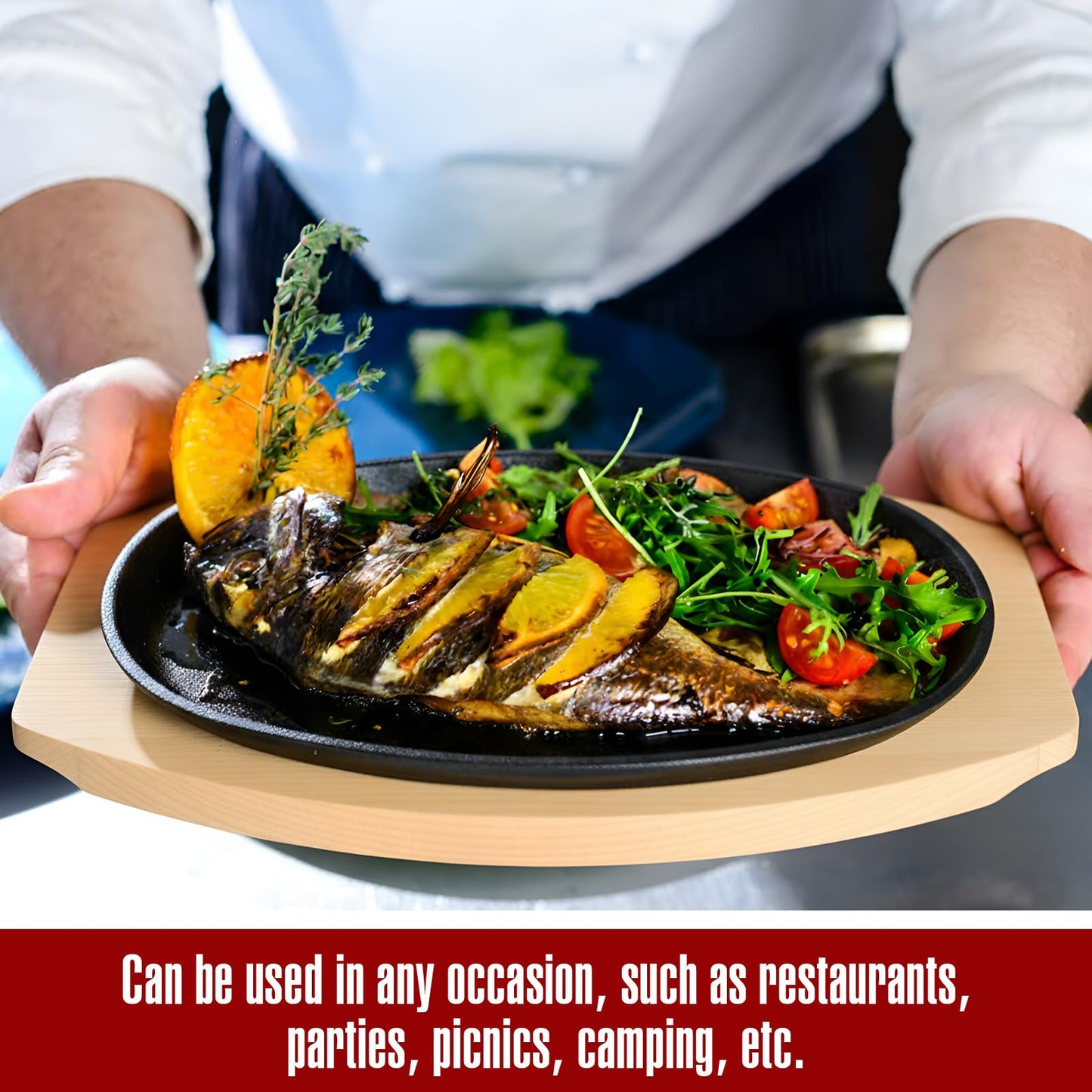 Mifoci 20 Pieces Oval Cast Iron Fajita Skillet Pan Set Small Sizzling Steak Plate with Wooden Base and Handle Cast Iron Fajita Skillet Sizzling Plate for Home, Restaurant, Kitchen, BBQ, Wedding