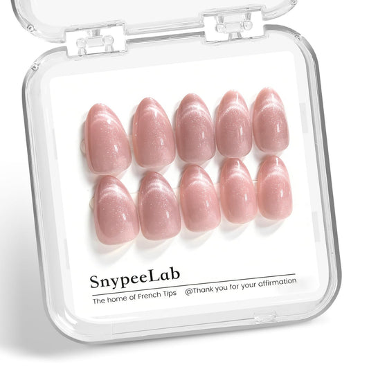 SnypeeLab Cat Eye Press on Nails Short Almond, with French Tip Effect, Glue on Nails for Women Gift, Salon Quality Wedding Nails, 32 Pcs (Nude Pink1)