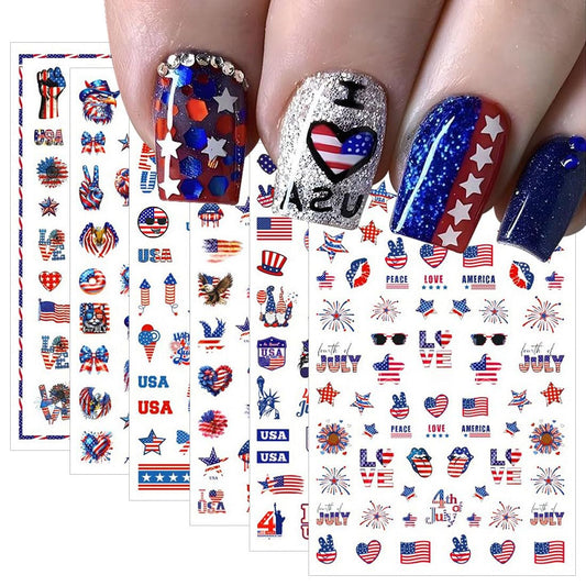4th of July Nail Art Stickers Red Blue White American Flag Nail Stickers Fireworks Eagle Nail Decals Independence Day Patriotic Nail Art Supplies for Women DIY Manicure Nail Decoration 6Pcs
