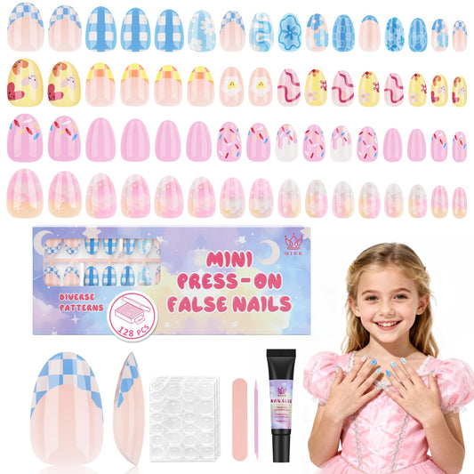 Qiek 16 Sizes 128 Pieces Press on Nails for Kids, 4 pack Kids Nail Kit Colorful Flower Almond Fake Nail Tips for Girls 8-12 Years Old with Jelly Nail Adhesives & Nail Glue Birthday Easter Gifts
