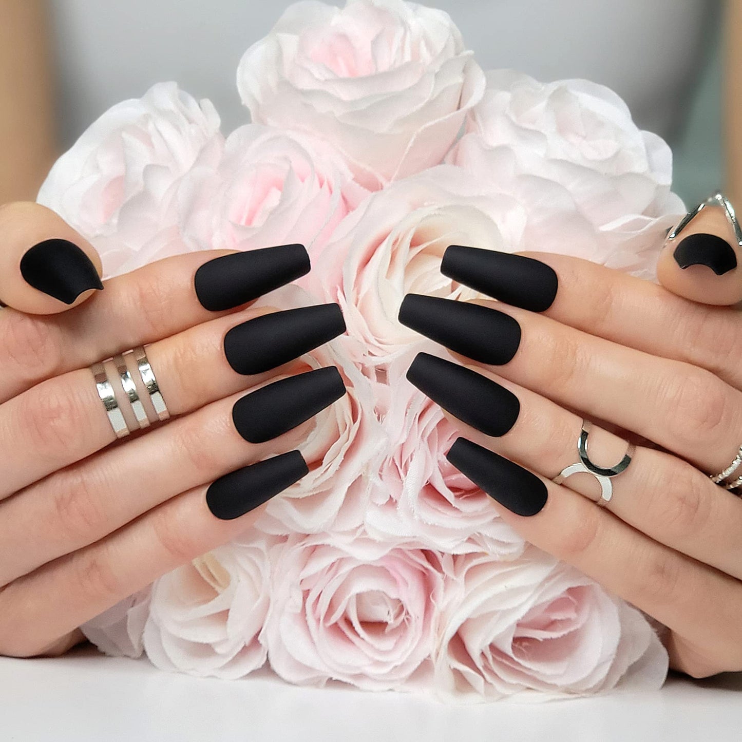 Hypnaughty Press On Nails - Caviar Black Almond & Noir Matte Black Coffin, Trendy & Salon Quality Reusable Nails With Kit
