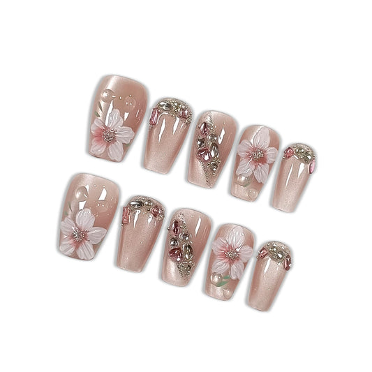 Hantyer Press On Nail Kits - 10pcs Handmade Acrylic False Nails In Pink With Flowers, Medium Coffin Shape, Rhinestone And 3D Cat Eye Design For Women - Multi-Layer Gel, Reusable Salon Nails