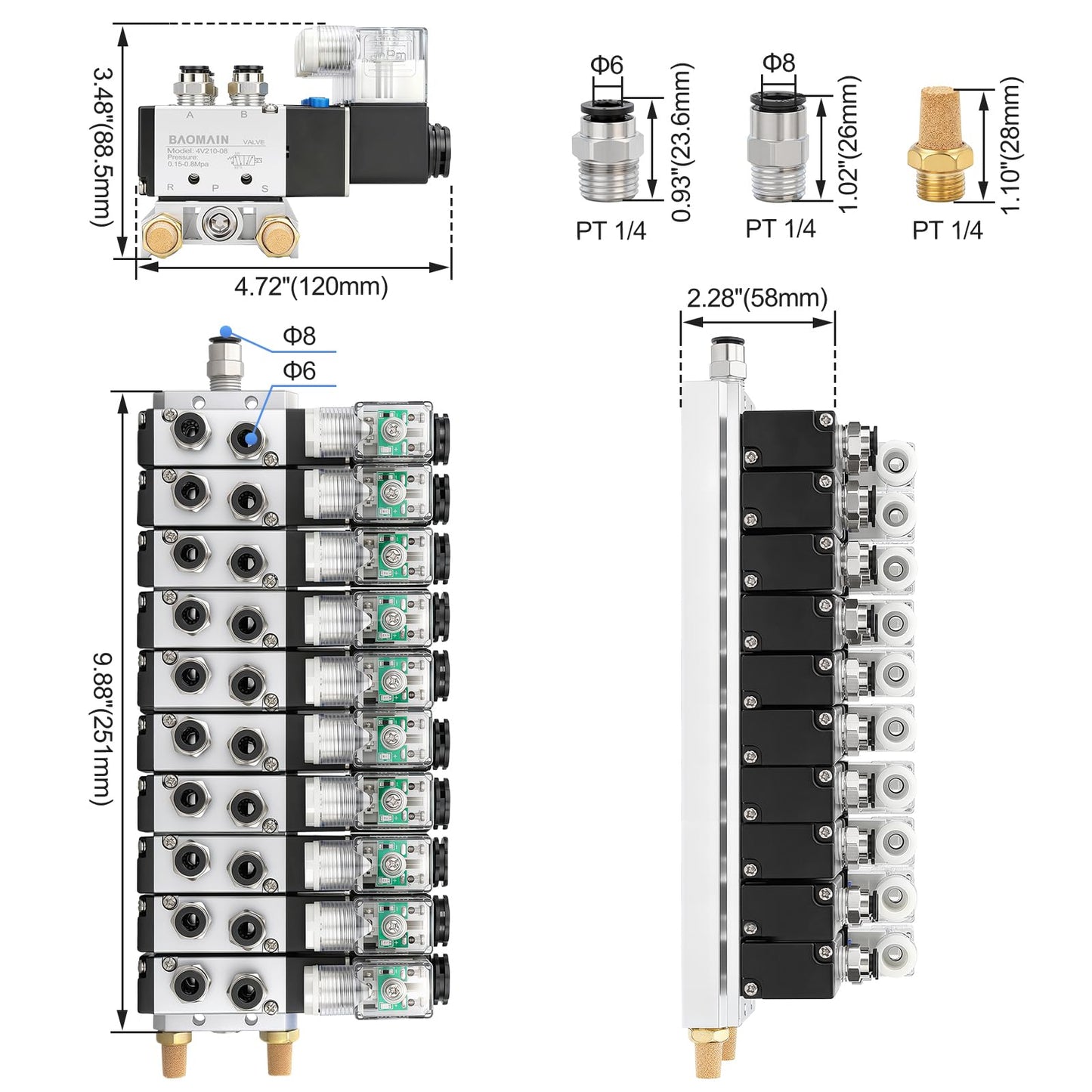 Baomain 10 Station Solenoid Valve Manifold, 12V DC 5 Way 2 Position Pneumatic Air Valve, Ten Solenoid, 1/4" PT Port, Includes Manifold Base & Mufflers, 4V210-08